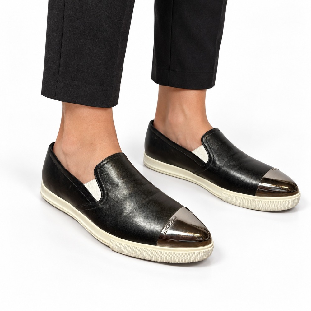 MIU MIU Black Pointed Metal Toe Snip Platform Slip On Leather Loafer Women EU 38